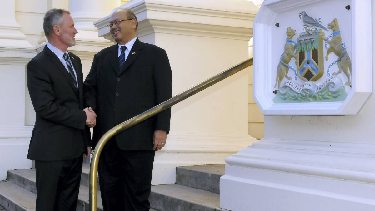 Launceston Mayor Albert van Zetten with Indonesian Consul-General Irmawan Emir Wisnandar yesterday. Picture: NEIL RICHARDSON