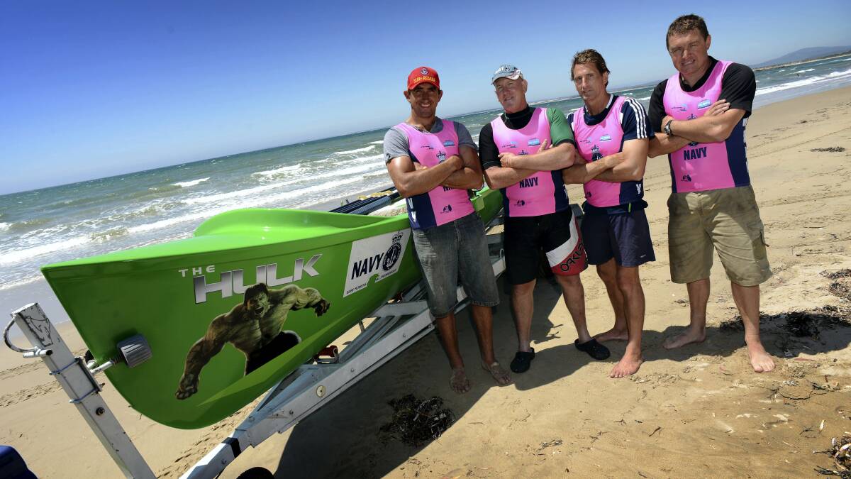 Bridport Surf Life Saving Club  members  Shaun Moore, Paul Hawkins, Richard Von Stieglitz and Derek Arnold are seeing their young club go from strength to strength.  Picture: SCOTT GELSTON