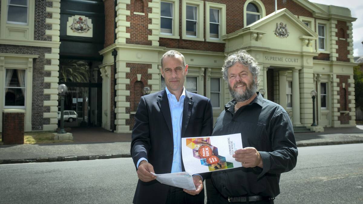 Greens Leader Nick McKim and Bass Greens MHA Kim Booth outside Launceston's Supreme Court. Picture: PAUL SCAMBLER