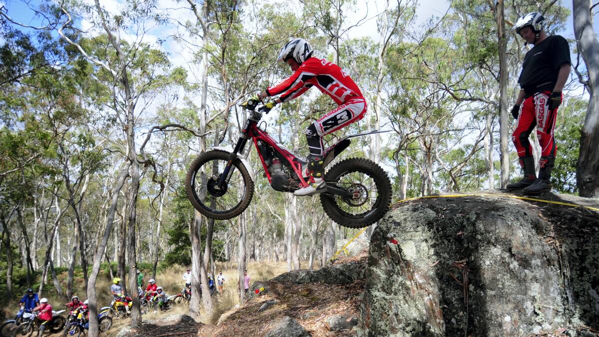 Tasmanian trials expert Chris Bayles shows off some of his skills at yesterday's trials event at Powranna.