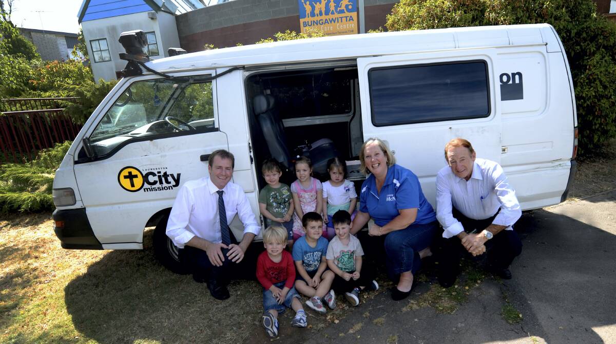 At the announcement of the Liberals' cash splash are Bass MHA Michael Ferguson  with Bungawitta Child Care attendees (back) Max Dalgleish, 3, Brianna Jones, 3, Ellie Gardner, 3, and (front) Spencer Triffett, Brodie Ponting, 3, and Jaydon Rayner, 4, with Bass candidate Leonie McNair and Windermere independent MLC Ivan Dean.  Picture: GEOFF ROBSON