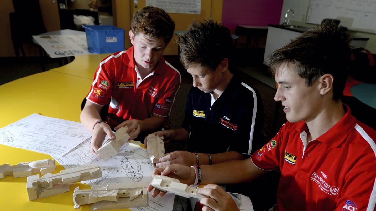 Brooks High School students off to Canberra for the F1 in Schools National Championship are Nathan O'Toole, 15, William Ball, 15, and Kaleb Clark, 16.  Picture: GEOFF ROBSON