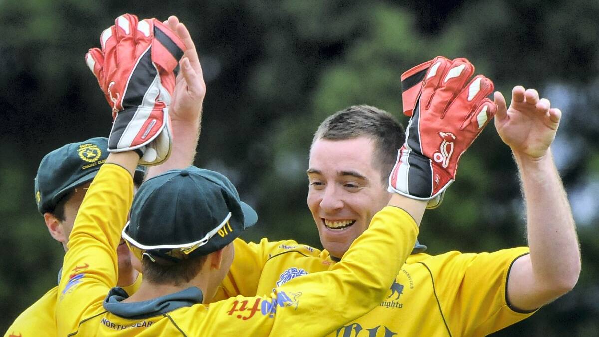 South Launceston keeper Tom Waller celebrates the fall of  another Mowbray wicket.
