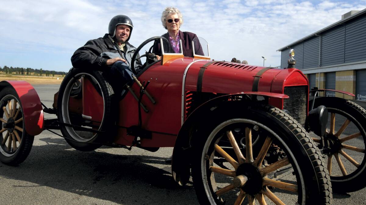 Driver and mechanic Josh Beaumont and Bonnie Foster  with the 1910 T-Model Ford Racer on its last run at Symmons Plains. 