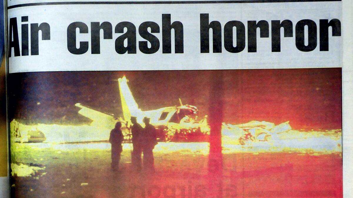 The front page of The Examiner after the plane crash at Launceston Airport in which six Victorian footballers died.