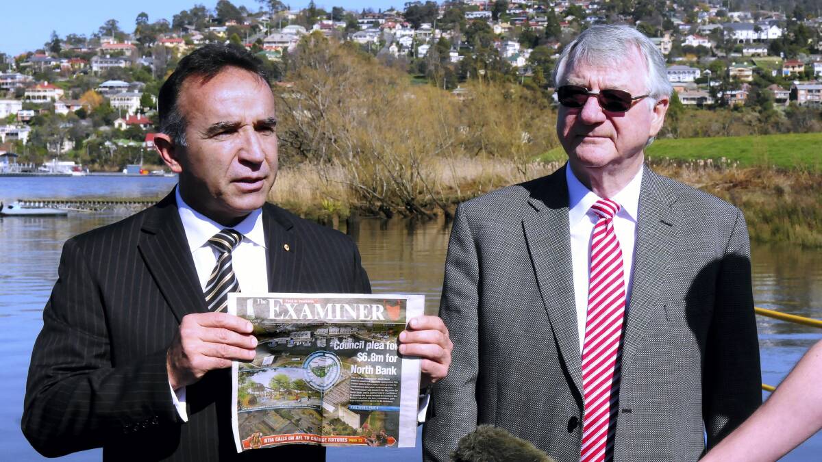 Bass Liberal candidate Andrew Nikolic and North Bank Committee chairman Tony Peck at yesterday's funding announcement.