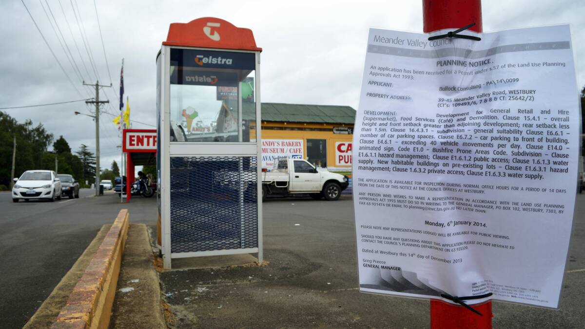 The $4.5 million IGA supermarket planning notice for 39-45 Meander Valley Road outside Westbury's Andy's Bakery.
