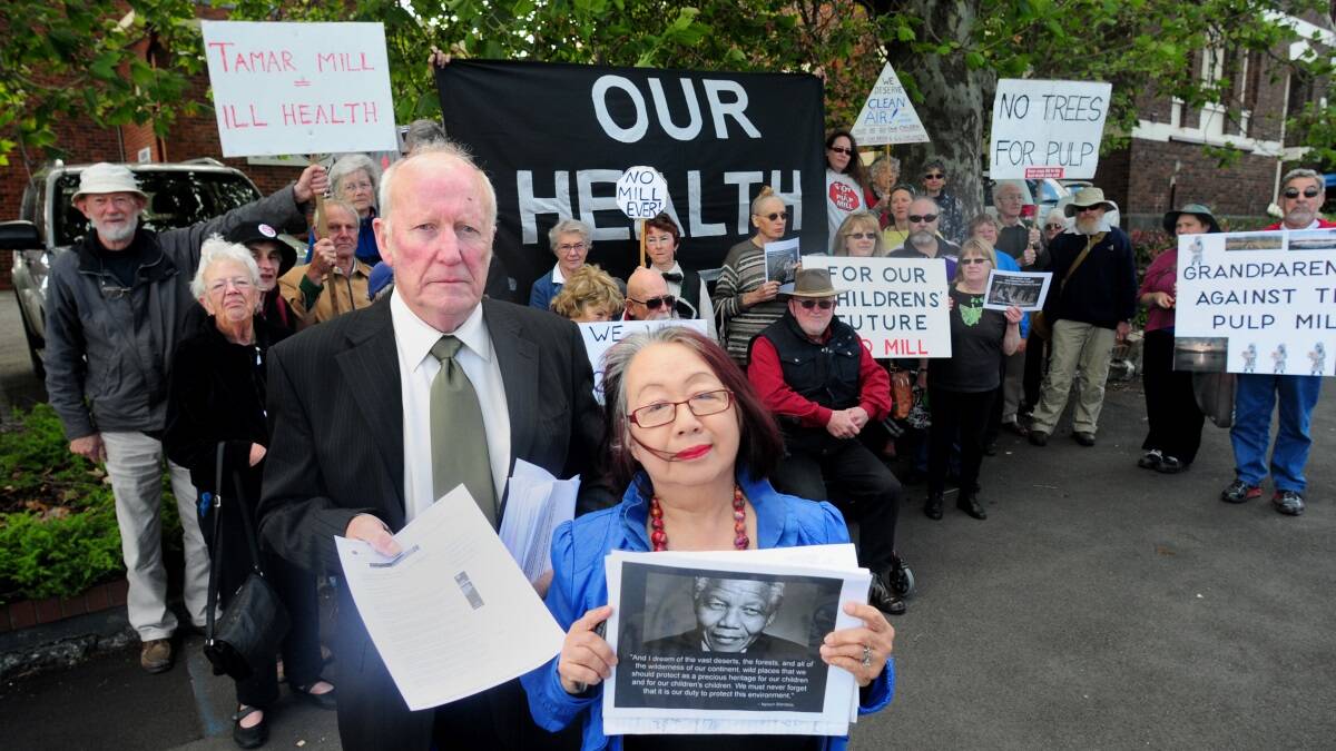 George Chandler and Susie Clarke, both of Launceston, at yesterday's Grandparents Against the Pulp Mill protest, in Charles Street, Launceston.