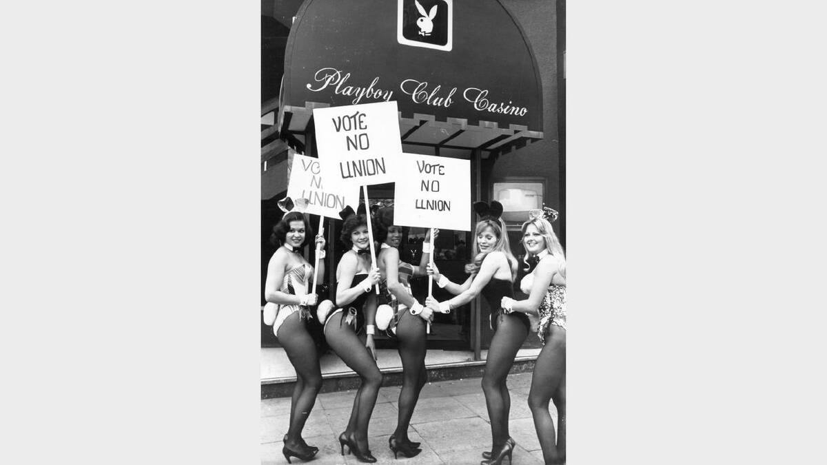 3rd February 1975:  A group of Playboy bunny girls picketing outside a meeting of Playboy Club employees who are voting on whether to join the Transport and General Workers Union. 