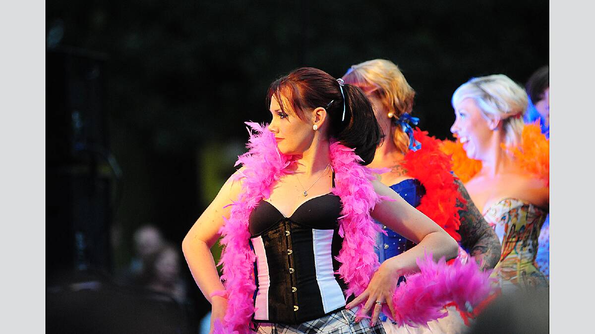 Burlesque dancers on KPMG stage.  photo:  Phillip Biggs