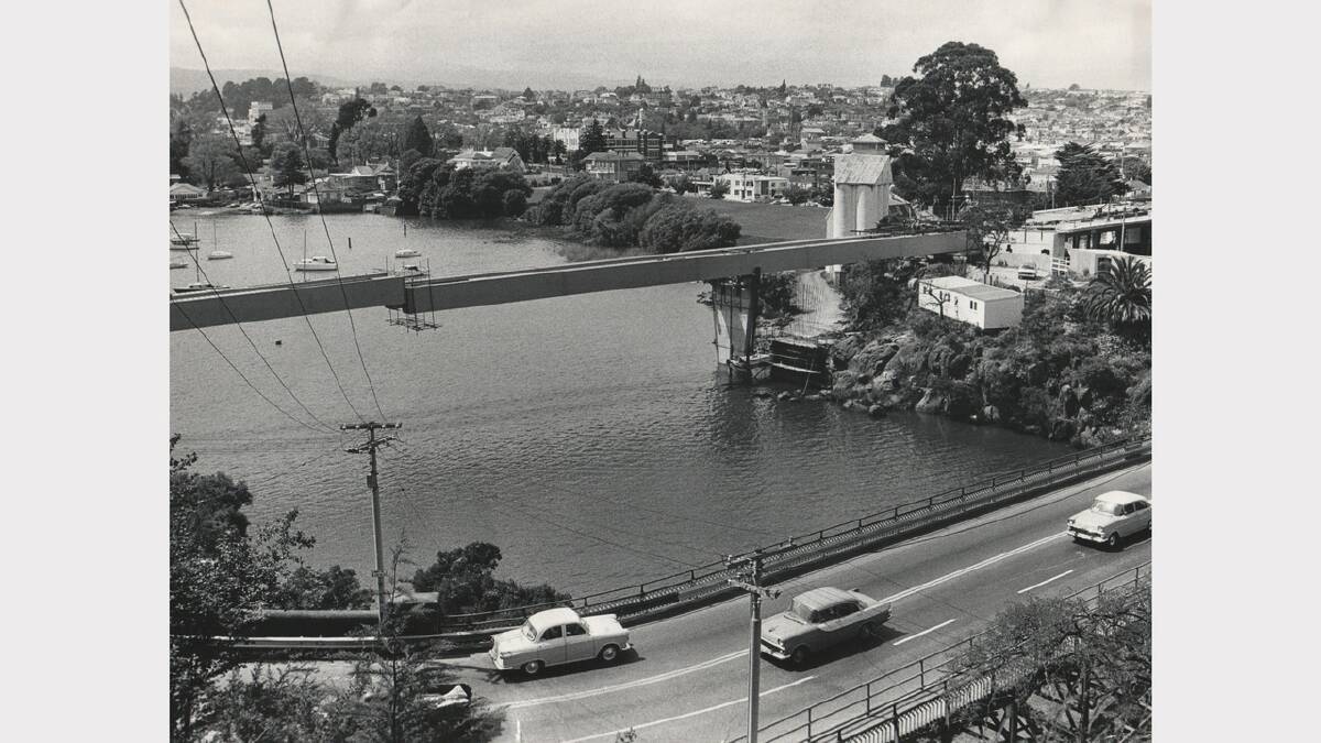 The girders supporting the first two lanes of Launceston's 'Gorge Bridge' as it was called, ready to be bolted together. Photo: October 1972.