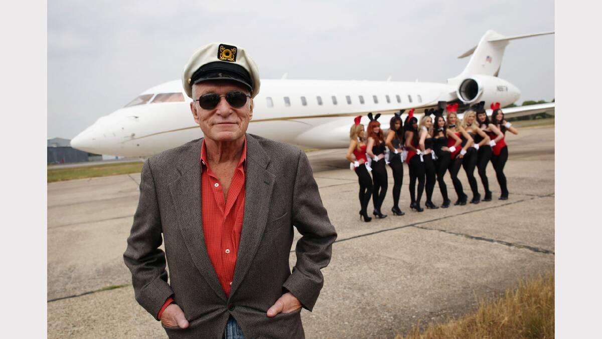 Playboy founder Hugh Hefner arrives at Stansted Airport on June 2, 2011