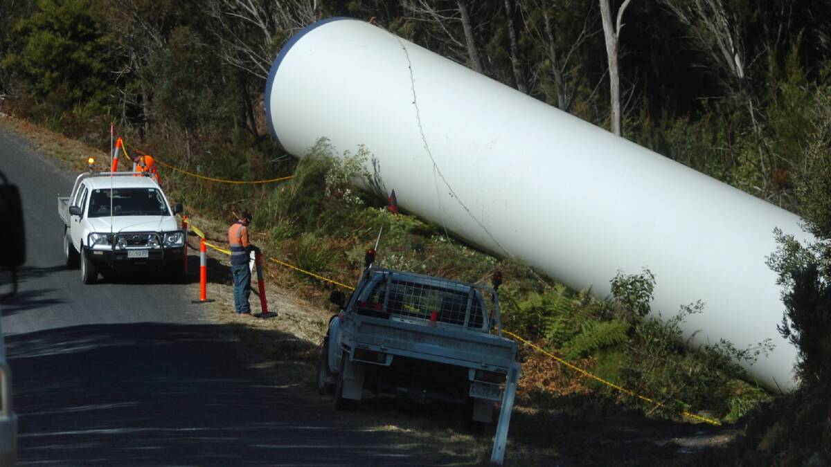 The section of wind turbine that rolled off the back of a truck on Waterhouse Road, near Gladstone, early today. Picture: Peter Sanders