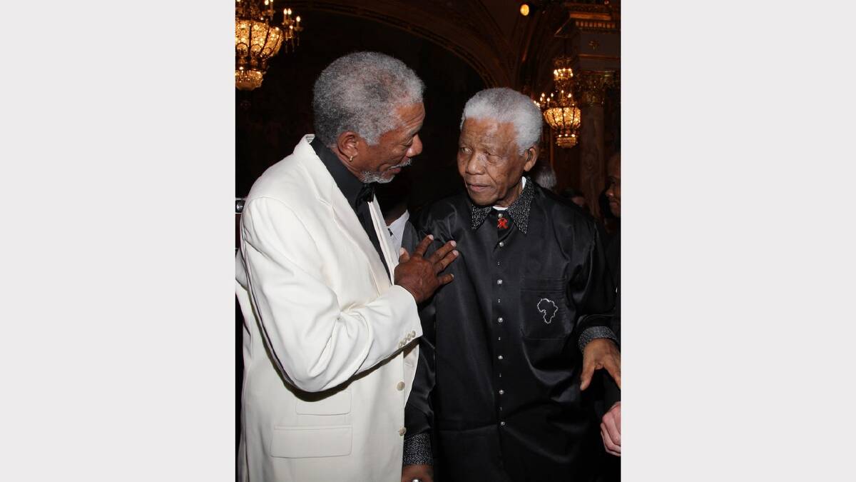 Actor Morgan Freeman (L) and Nelson Mandela attend the 'Unite For A Better World Gala Dinner' on September 2, 2007 at the Hotel de Paris in Monte Carlo, Monaco.