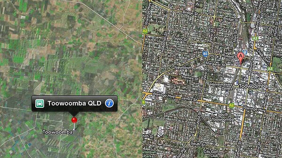 Toowoomba QLD in Apple Maps, left, and Google Maps, right.