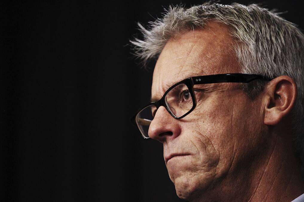 Football Federation Australia CEO David Gallop speaks to media representatives at Parliament House. Photo by Stefan Postles/Getty Images