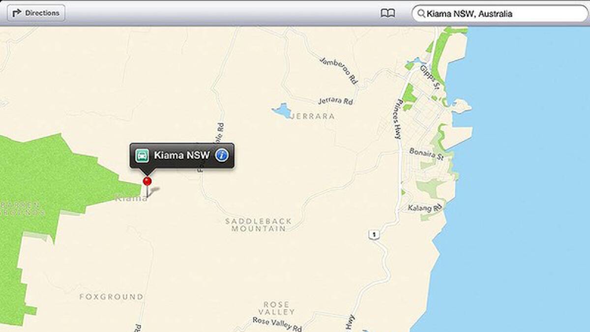 Where Apple Maps think Kiama is located in NSW. Kiama is a coastal town.
