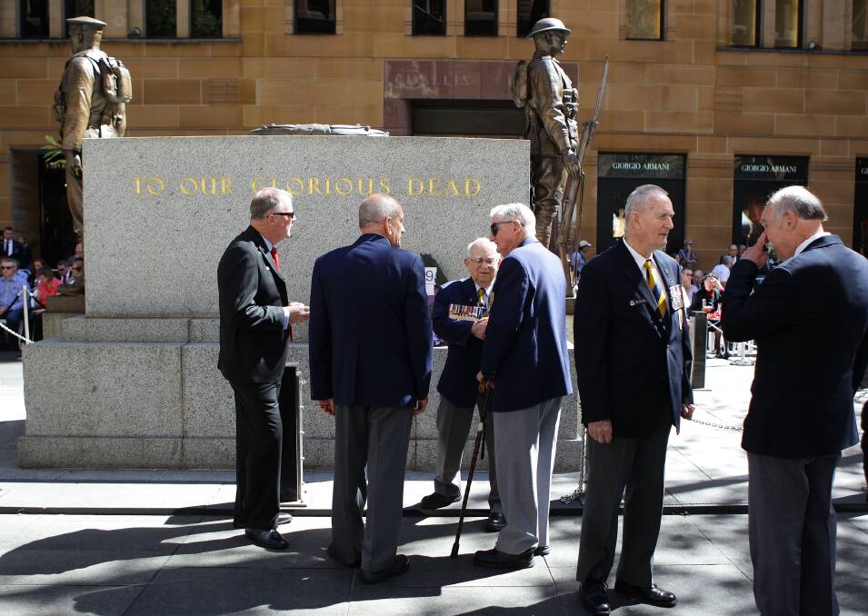 Diggers meet up around the Cenotaph during the Rememberance Day Service held at the Cenotaph, Martin Place in Sydney, Australia. Rememberance Day is observed to recall the end of World War I hostilities. A one minute silence is called at 11.00am on the 11th day of the 11th month to remembers the members of armed forces who were killed at battle. Photo by Craig Golding/Getty Images