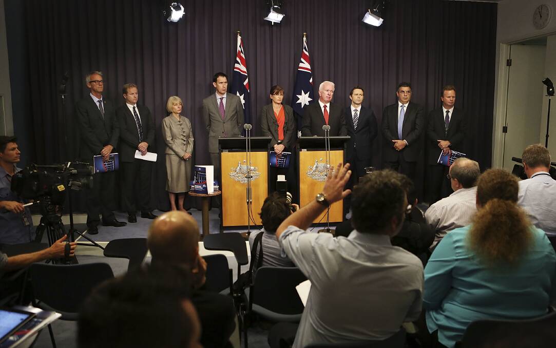 Chiefs of Australian Sporting codes, Sports Minister Kate Lundy, ASADA CEO Aurora Andruska, Minister for Justice Jason Clare and Australian Crime Commission CEO John Lawler speak to media representatives at Parliament House. Photo by Stefan Postles/Getty Images