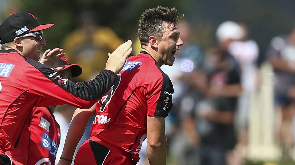 James Pattinson, of the Renegades, celebrates taking a wicket yesterday. Pattinson finished with 4-24 off four overs. Picture: GETTY IMAGES