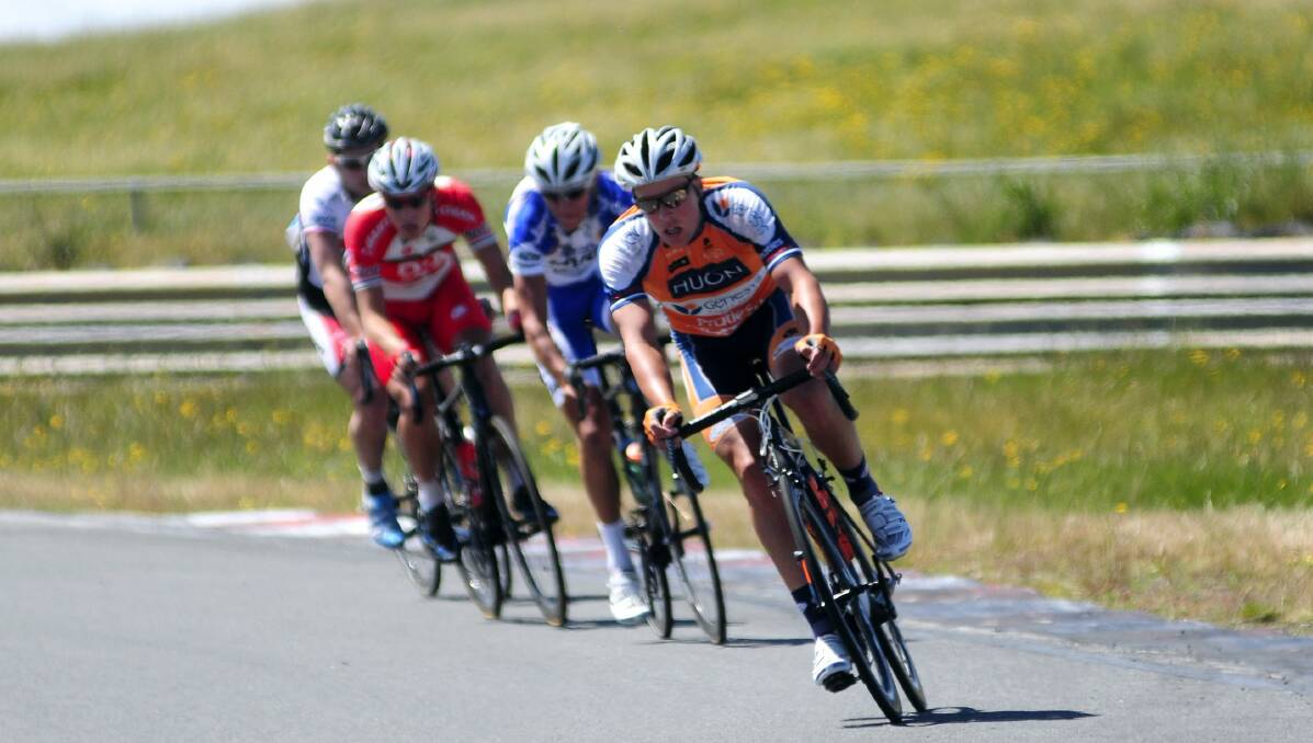 Launceston rider Tom Robinson leads the field during the kermesse at Symmons Plains earlier this month.  Picture: PETER SANDERS