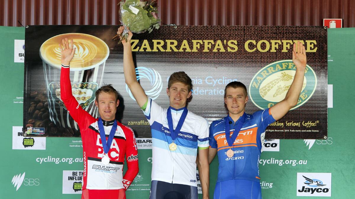 Tasmanian Bernard Sulzberger (left) on the Oceania road race podium with winner Luke Durbridge and third-placed Brenton Jones.  Picture: ALLAN SCURR, Cycling Australia