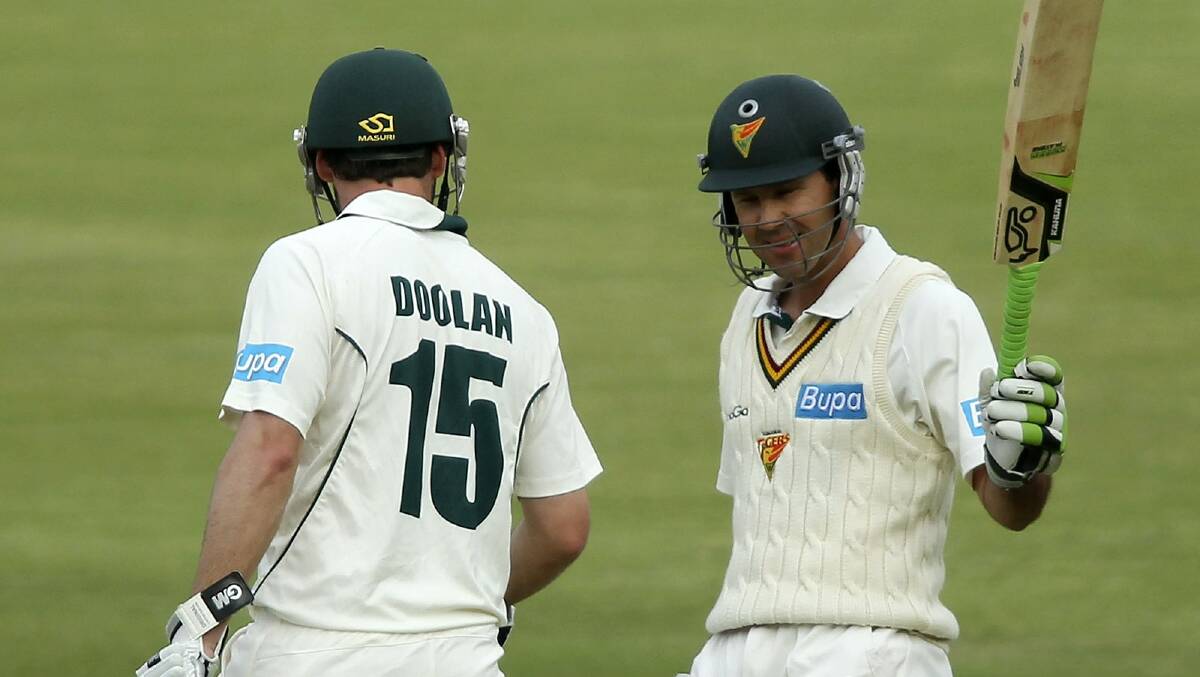 Ricky Ponting and Alex Doolan during a Shield clash last season.  Picture: GETTY IMAGES