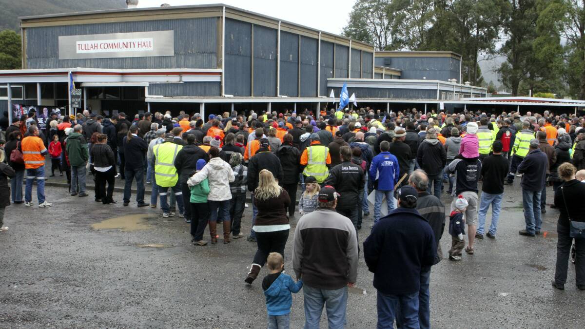  Crowds gather outside the Tullah Community Hall at the pro-mining rally organised by the   state government and the Australian Workers Union.    Picture: JASON HOLLISTER