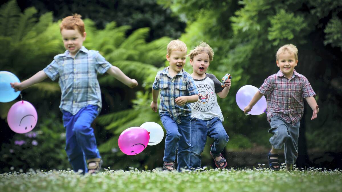 Henry Lamprecht,  of Melbourne (second from right), with his cousins   Aston, Riley and Lachlan Goninon, of Devon Hills, in Launceston's City Park. Picture: PHILLIP BIGGS