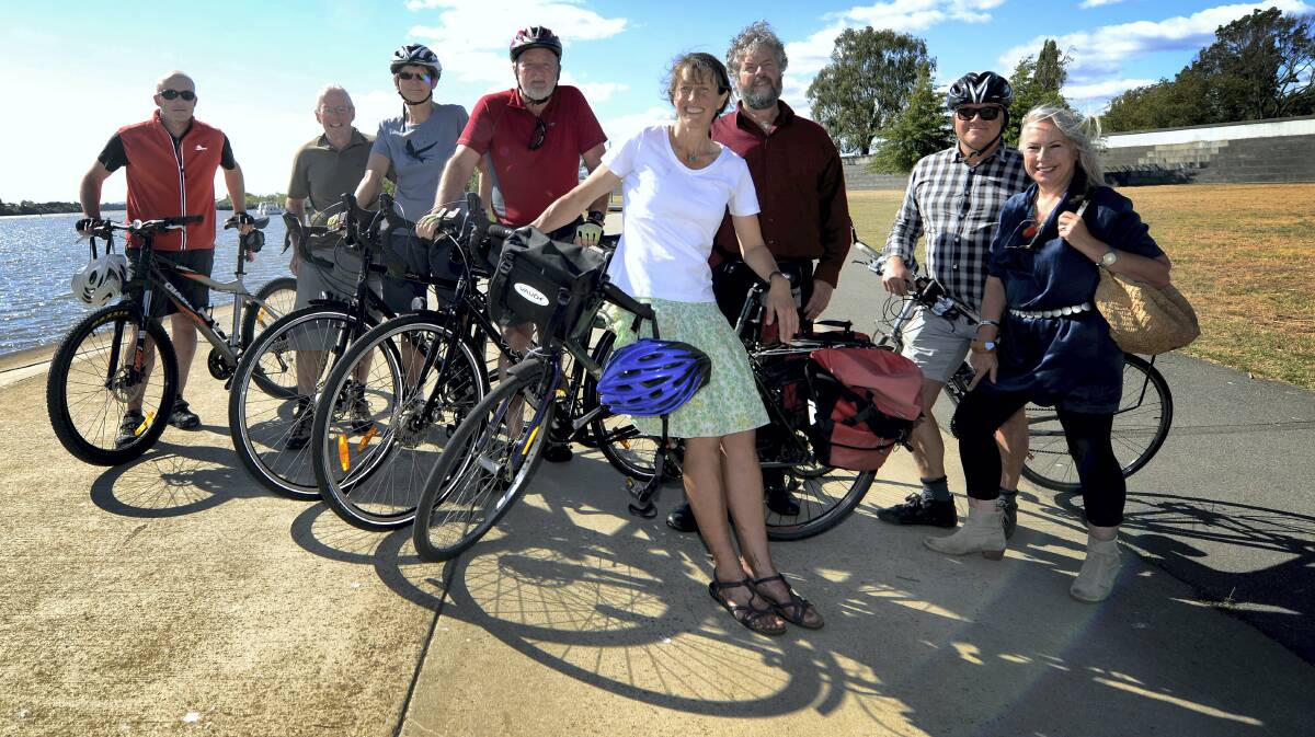 Rail Trails Australia's Simon Schorn with Malcolm Cowan, Helen Statham and  Mick Statham, of the Tamar Bicycle Users Group, Greens candidate Anna Povey, Bass Greens MHA Kim Booth,  Malcolm Reid, of TBUG,  and tourist operator Susie Aulich. Picture: GEOFF ROBSON