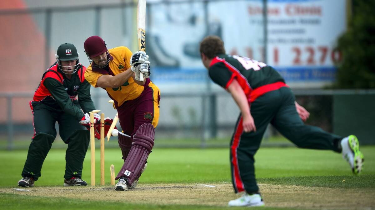  Launceston wicketkeeper Alistair Taylor blocks the wicket as it smashes in two when Westbury batsman Matthew Battle misses the ball. Picture: PHILLIP BIGGS