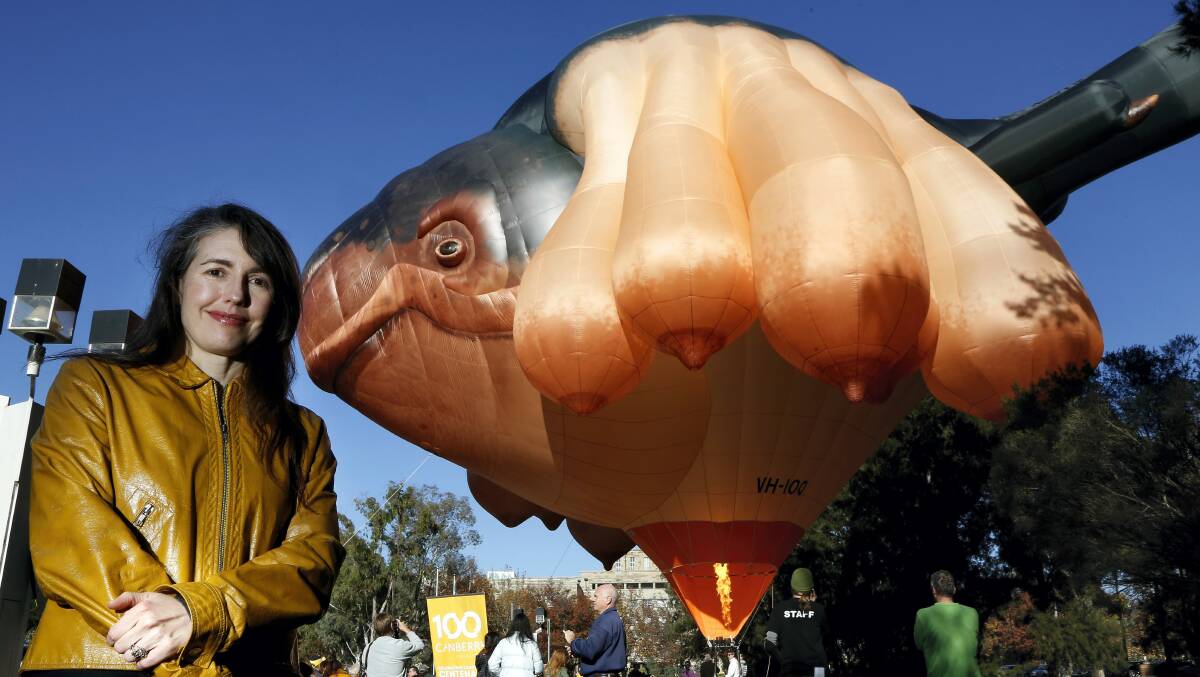 Artist Patricia Piccinini with her work Skywhale at the National Gallery of Australia.  Picture: CANBERRA TIMES