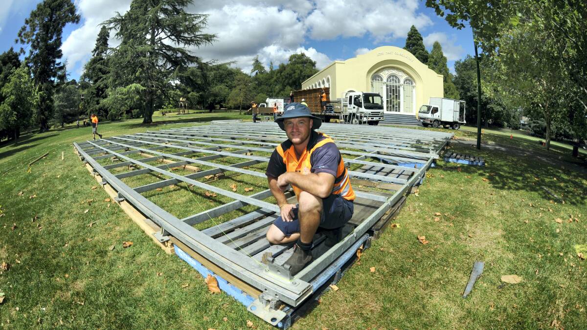 Salters hire foreman Jared East with the stage for the Tasmanian Symphony Orchestra Symphony Under the Stars concert in Launceston's City Park. Picture: PAUL SCAMBLER