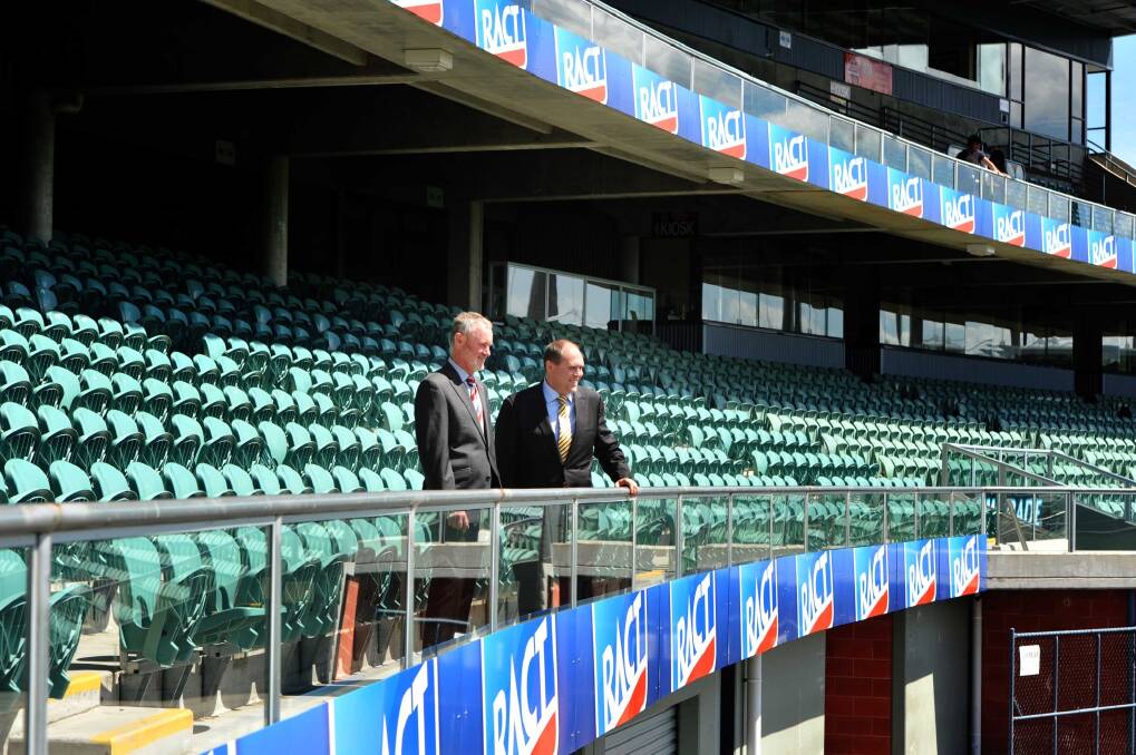 Mayor Albert van Zetten and RACT CEO Harvey Lennon in the RACT Stand at Aurora Stadium