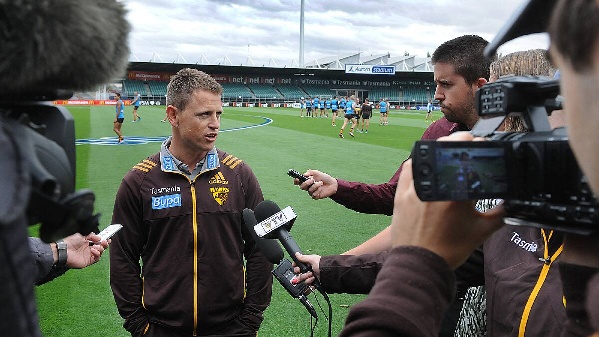 NAB Challenge Stand in coach Brendon Bolton talks to the media