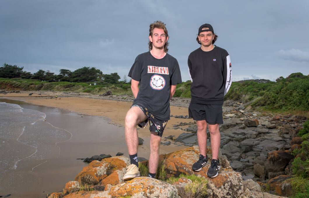SURF RESCUE: Jed White and Josh Miller jumped to help when they noticed a young boy stuck in a rip at Back Beach. PICTURE: Simon Sturzaker