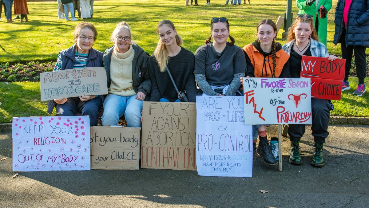 CONCERS: Dawn Fulton, Alison Roberts, Sophie Roberts 18, Kaitlyn Jones 28, Keira Richardson 17, Laura Bye 18 all of Launceston. at the abortion rights Rally Launceston Prince's Square on Sunday, July 3. Picture: Paul Scambler