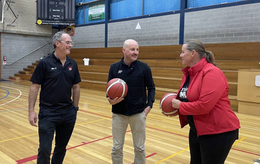 Launceston Basketball Association president Craig Gibson, general manager Mitch Duhig and Labor Bass MHA Janie Finlay. Picture by Alison Foletta