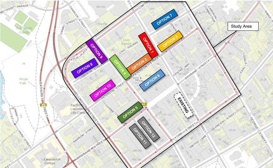 Options looked at in the 2017 feasibility study for the Launceston Central Bus Interchange. 