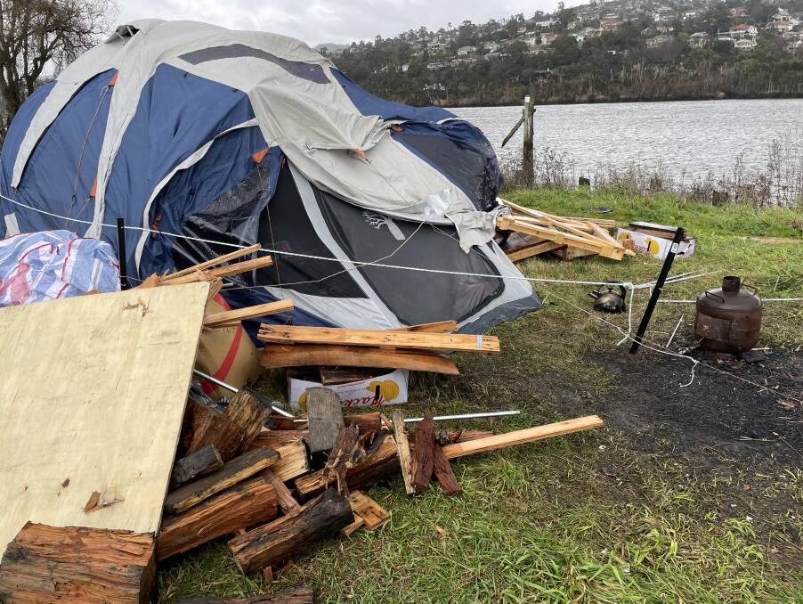 DESTROYED: Sam's tent crumbled under the rain and wind. Picture: Alison Foletta