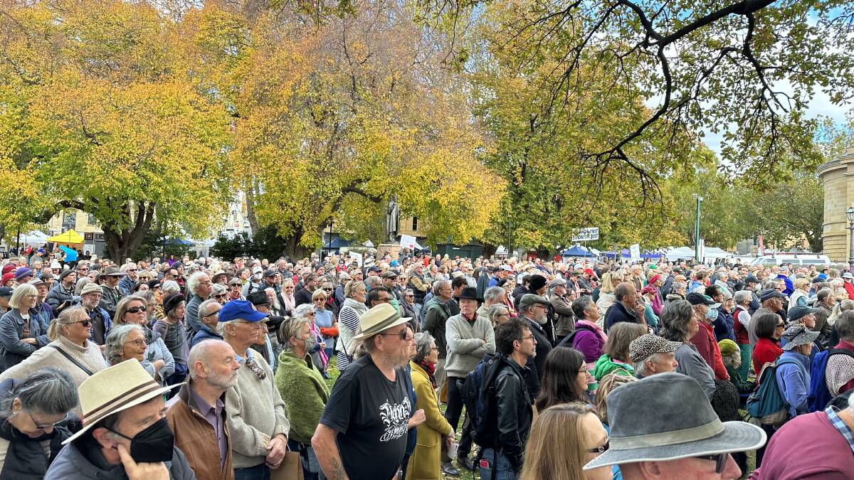 Thousands reportedly flock to Parliament Lawn in Hobart for anti-stadium rally. Picture supplied