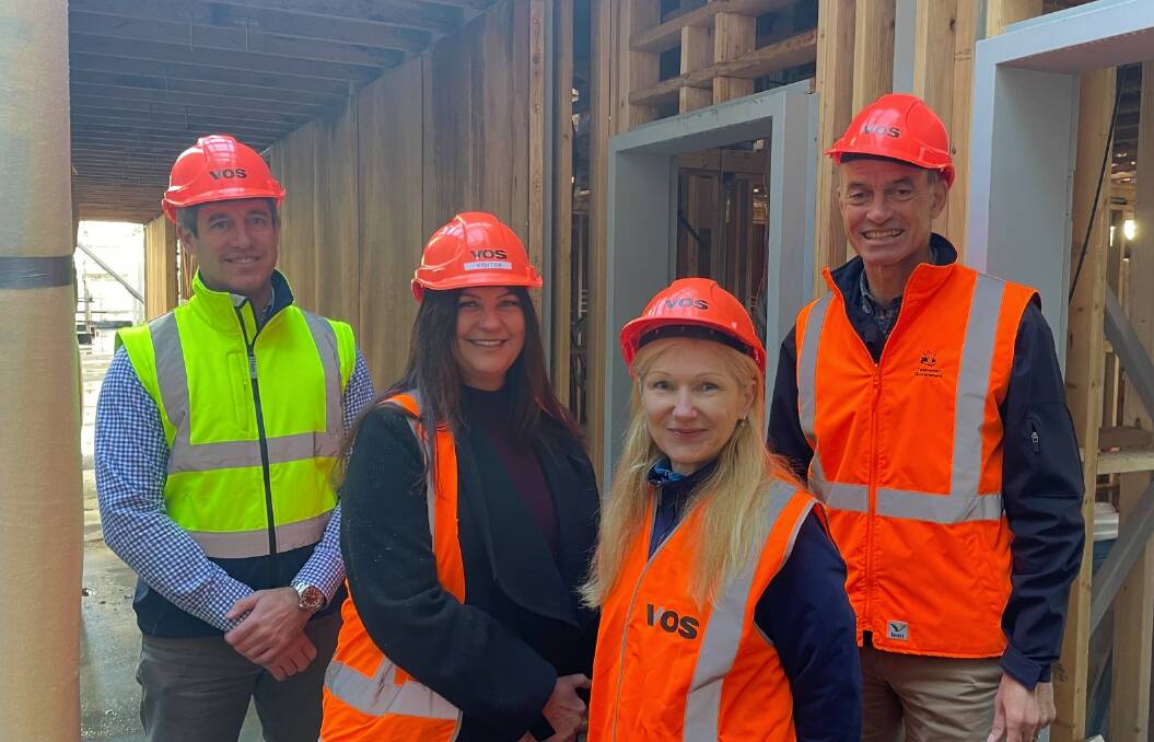 THYNE: Richard Gilmour from Vos Constriction, Elizabeth Ward from Anglicare, Bass MHA Lara Alexander and housing minister Guy Barnett. Picture: Alison Foletta