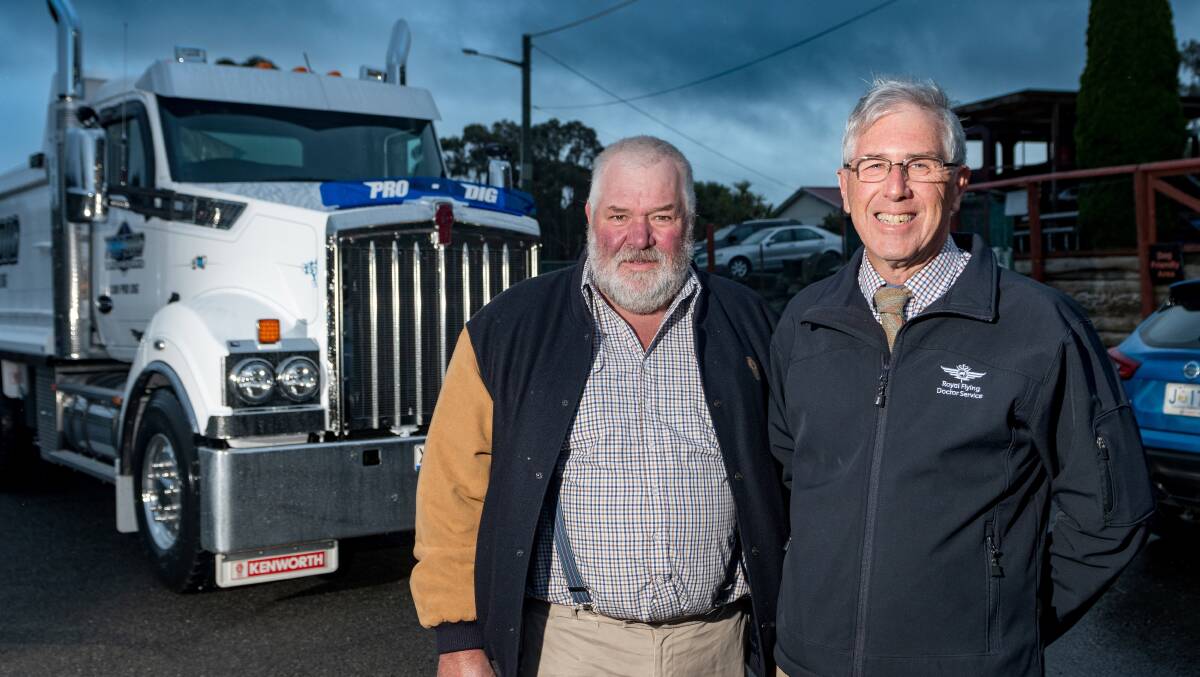 RIGS: RFDS Tas chairperson Malcolm White with Tas Trucker Drivers Association president Robert Bayles said it's a great partnership. Picture: Phillip Biggs