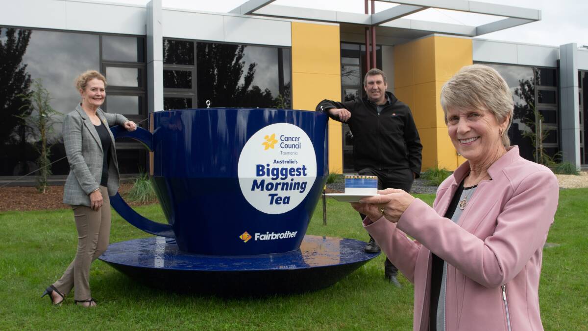 TEA TIME: Long time morning tea host, Janet Beams with Cancer Council CEO Penny Egan, Fairbrothers Launceston divisional manager Nick Freeman. Picture: Phillip Biggs