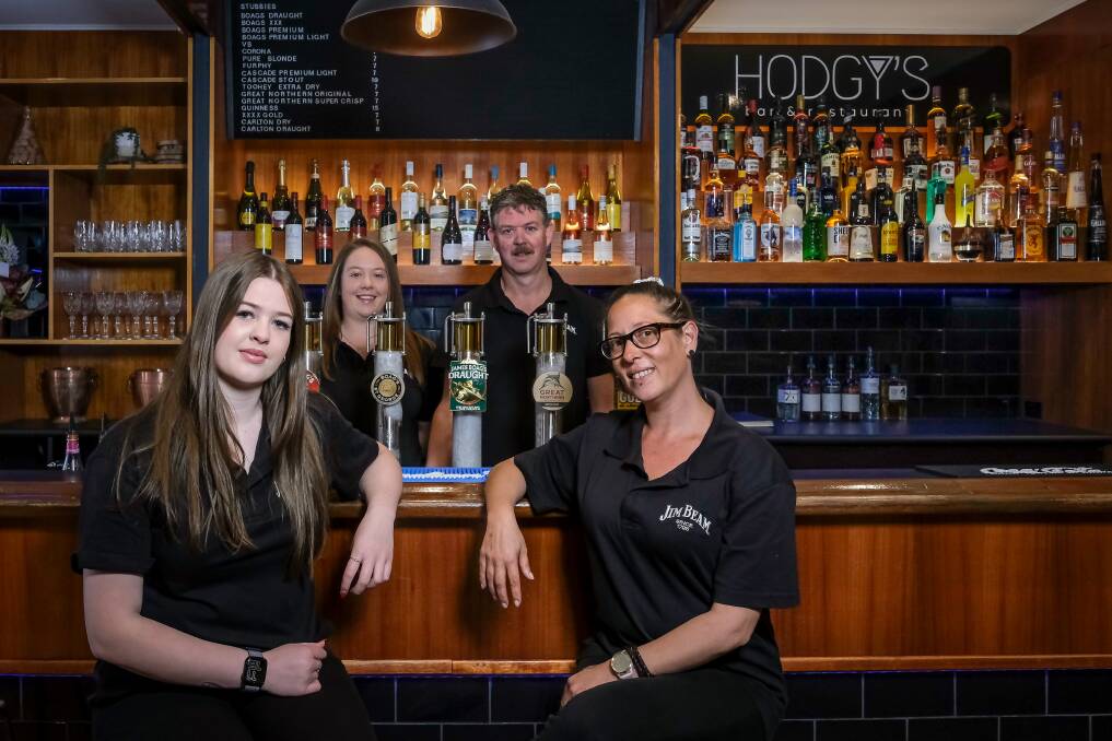 Amity, Mataya and Andrew Hodgetts and Jessica Dunk ready for business at the recently opened Hodgy's Bar. Picture by Craig George