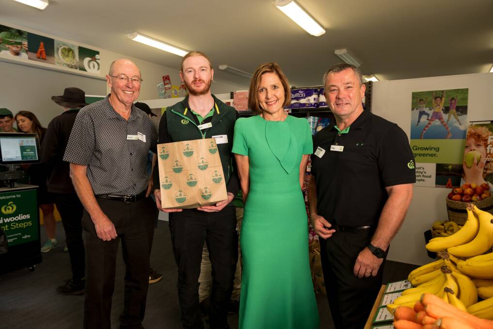 North-North West Tasmania group manager Graeme Connelly, Deloraine assistant store manager Josh Laslie, Woolworths Group head of delivery Sheila O'Reilly, Woolworths Deloraine store manager Greg Jacobson at the Mini Woolies opening. Picture by Phillip Biggs