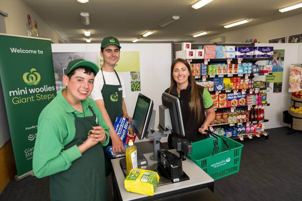 The Mini Woolies program at Deloraine's Giant Steps opening with Josh Lowe and Ryan Barker with grade 11-12 teacher Danielle Whatley. Picture by Phillip Biggs