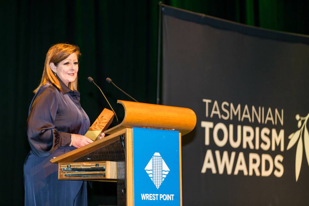 Karen Phillips giving her speech after winning the Tourism Champion of the year at the Tourism Industry Council of Tasmania Tourism Awards night for 2023. Picture supplied