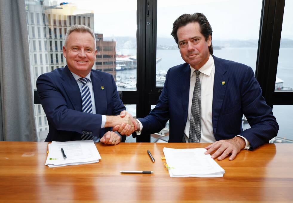 Tasmania's AFL team signed, sealed and delivered, however Premier Jeremy Rockliff will have to field a suggestion to swap Macquarie Point stadium with a Northern prison. Picture supplied