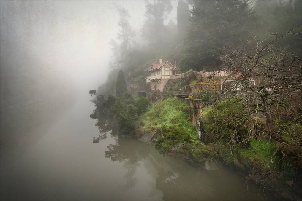 Cataract Gorge Toll House in fog.